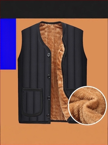 Vesta fleece pentru iarnă, fără guler, cu închidere pe un rând, croială lejeră, buzunare patch