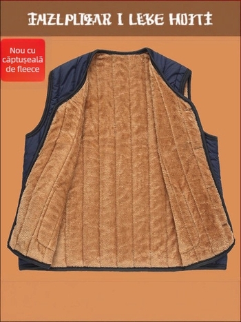 Vesta fleece pentru iarnă, fără guler, cu închidere pe un rând, croială lejeră, buzunare patch