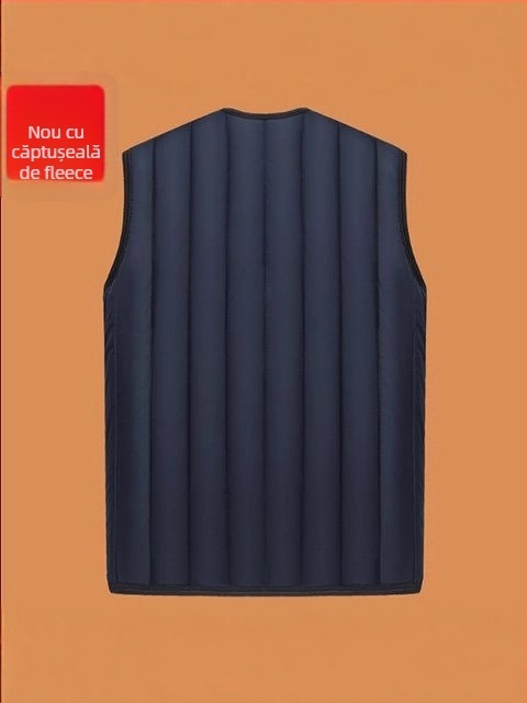 Vesta fleece pentru iarnă, fără guler, cu închidere pe un rând, croială lejeră, buzunare patch