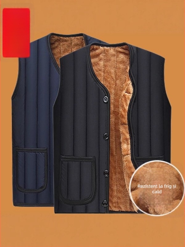 Vesta fleece pentru iarnă, fără guler, cu închidere pe un rând, croială lejeră, buzunare patch