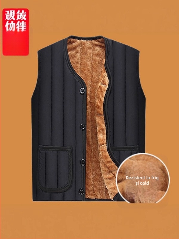 Vesta fleece pentru iarnă, fără guler, cu închidere pe un rând, croială lejeră, buzunare patch