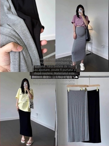 Fustă de maternitate tricotată, lungime medie, lejeră pentru vară, siluetă pe șolduri, 95% viscose / 5% spandex