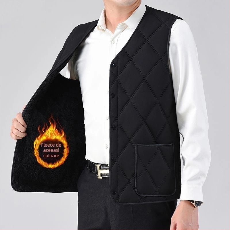 Vesta masculină cu căptușeală fleece și umplutură din poliester, model în grilă, buzunare tridimensionale, fără glugă