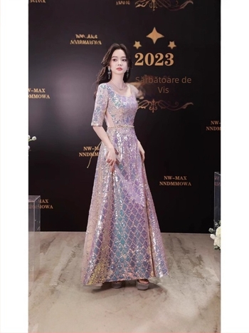 Rochie de seară lungă cu paiete pentru gazdă — elegantă, detalii patchwork, material poliester (amestec poliester) (30-50% / 50-70%), Vara 2025