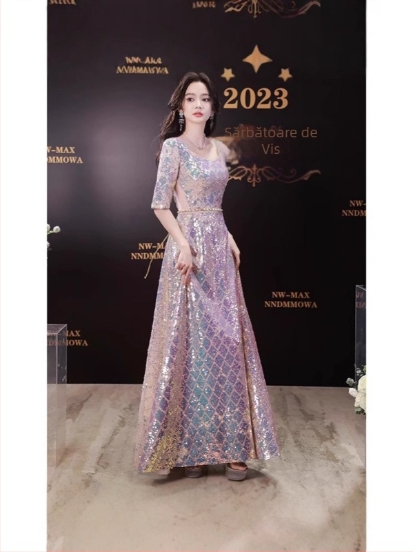 Rochie de seară lungă cu paiete pentru gazdă — elegantă, detalii patchwork, material poliester (amestec poliester) (30-50% / 50-70%), Vara 2025