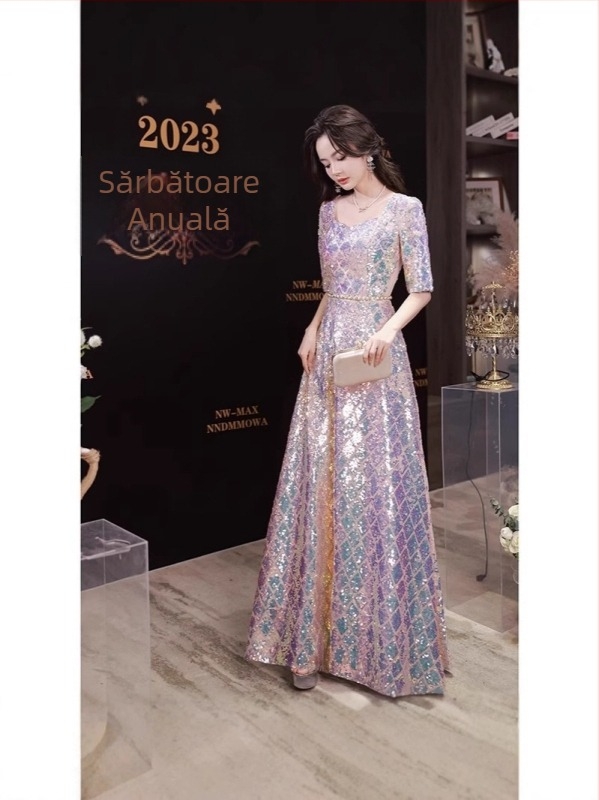 Rochie de seară lungă cu paiete pentru gazdă — elegantă, detalii patchwork, material poliester (amestec poliester) (30-50% / 50-70%), Vara 2025