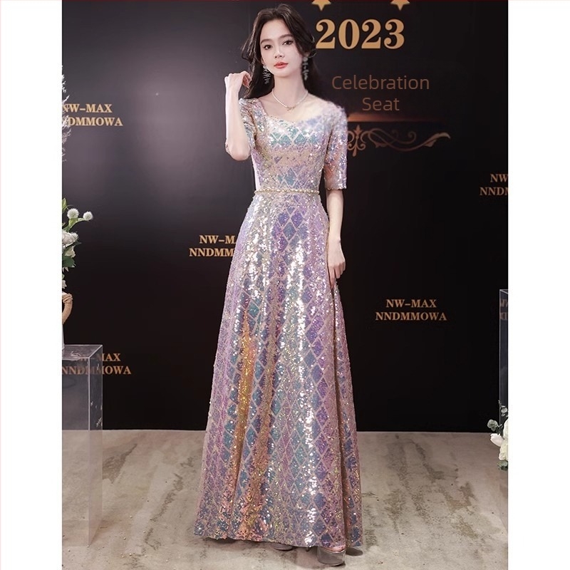 Rochie de seară lungă cu paiete pentru gazdă — elegantă, detalii patchwork, material poliester (amestec poliester) (30-50% / 50-70%), Vara 2025