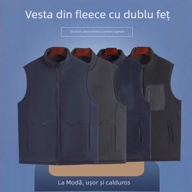 Vesta bărbați cu căptușeală din fleece, guler înalt, fermoar, croială lejeră, pentru iarnă (guler înalt, fleece, fermoar, croială lejeră, iarnă)