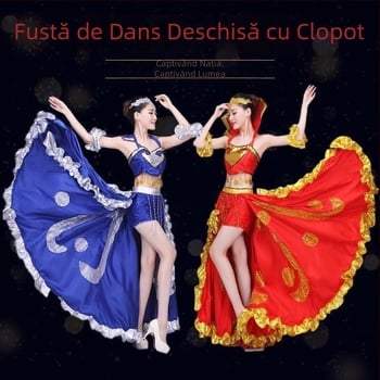 Costum feminin de dans popular pentru scenă, cu o fustă mare de tip swing — țesătură Chenille, amestec Spandex și Polyester