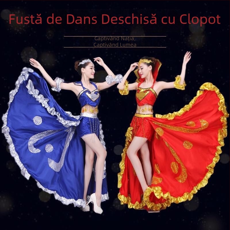 Costum feminin de dans popular pentru scenă, cu o fustă mare de tip swing — țesătură Chenille, amestec Spandex și Polyester