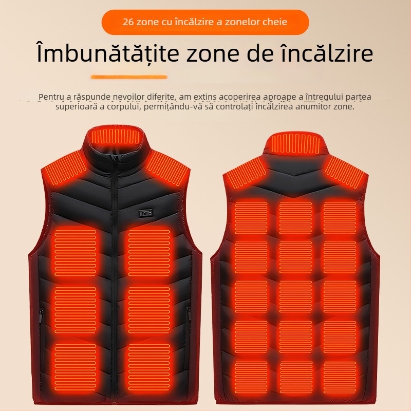 Vesta de încălzire cu grafen, 26-zonă, guler înalt, control inteligent al temperaturii, încărcare USB, vestă de iarnă pentru adulți