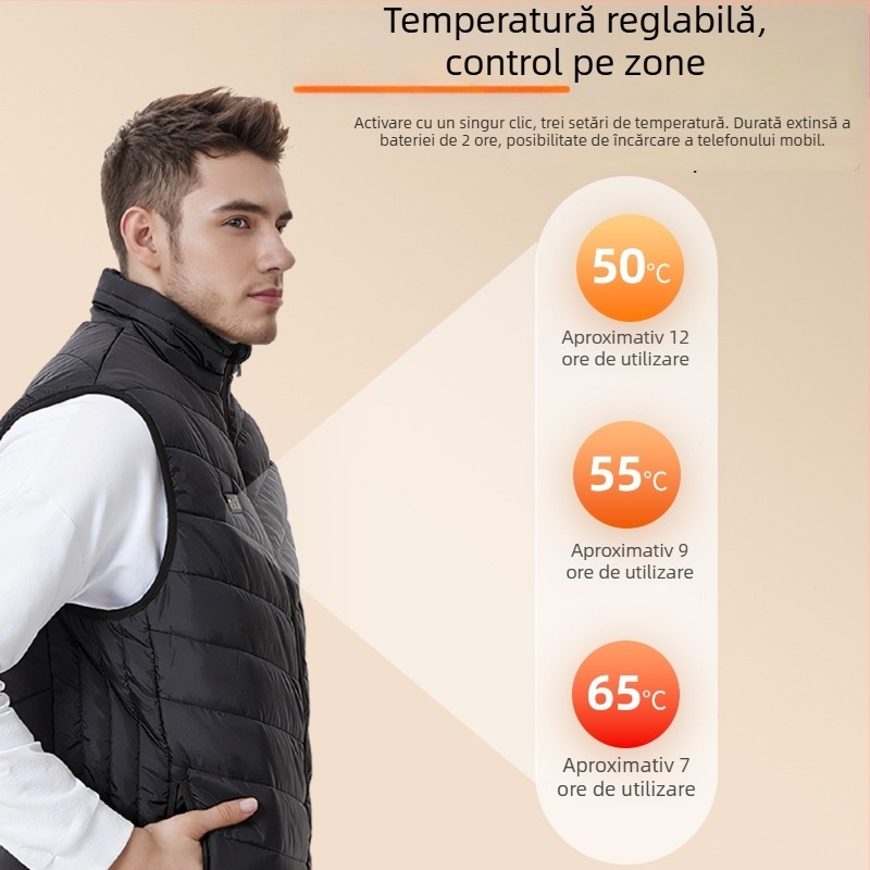 Vesta de încălzire cu grafen, 26-zonă, guler înalt, control inteligent al temperaturii, încărcare USB, vestă de iarnă pentru adulți