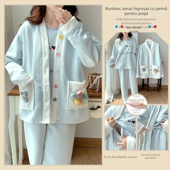 Set de pijamale pentru femei însărcinate, pentru alăptare, din bumbac aerat (cu glugă, stil coreean, mâneci lungi, trei piese, primăvară și toamnă)