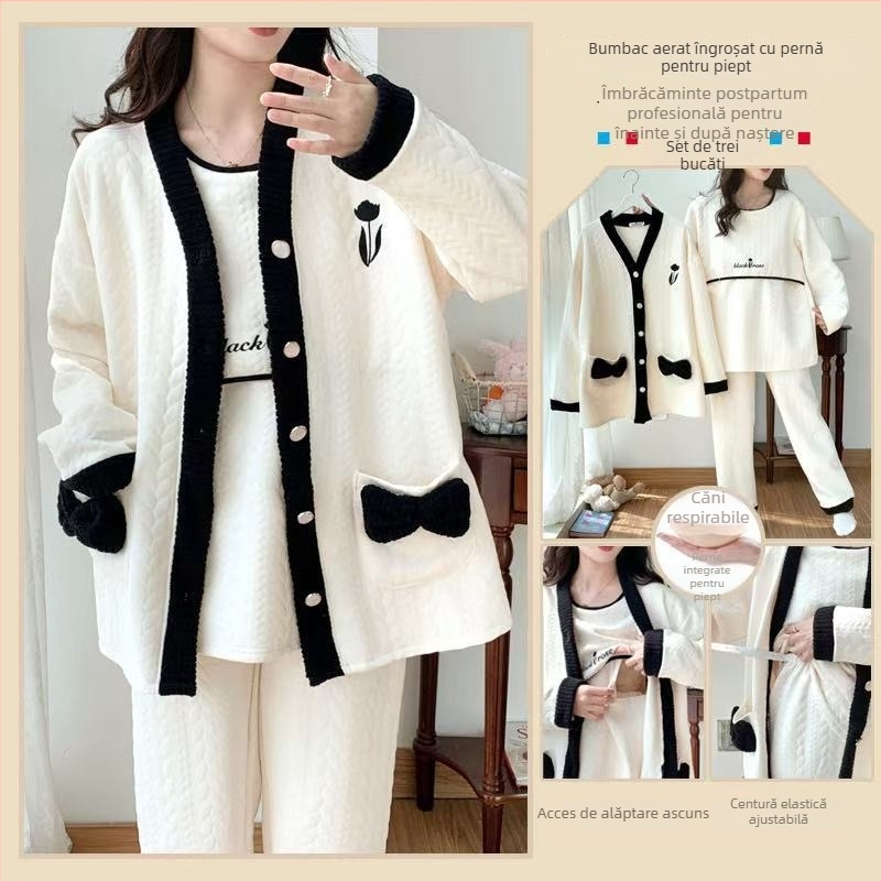 Set de pijamale pentru femei însărcinate, pentru alăptare, din bumbac aerat (cu glugă, stil coreean, mâneci lungi, trei piese, primăvară și toamnă)