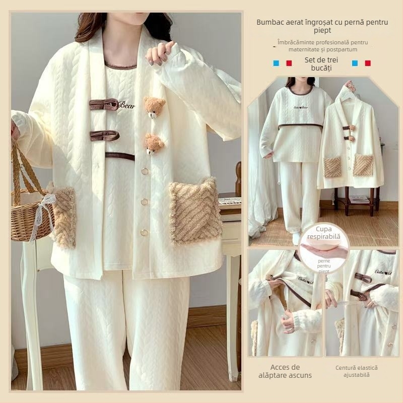 Set de pijamale pentru femei însărcinate, pentru alăptare, din bumbac aerat (cu glugă, stil coreean, mâneci lungi, trei piese, primăvară și toamnă)