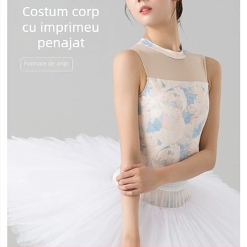Unitard de dans fără mâneci cu imprimeu balet pentru femei adulte – îmbrăcăminte de dans modernă, țesătură poliester, căptușeală poliester