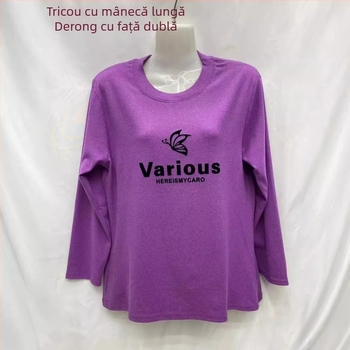 Tricou din catifea cu mâneci lungi, imprimeu cu plante, amestec poliester-elastan, guler rotund.