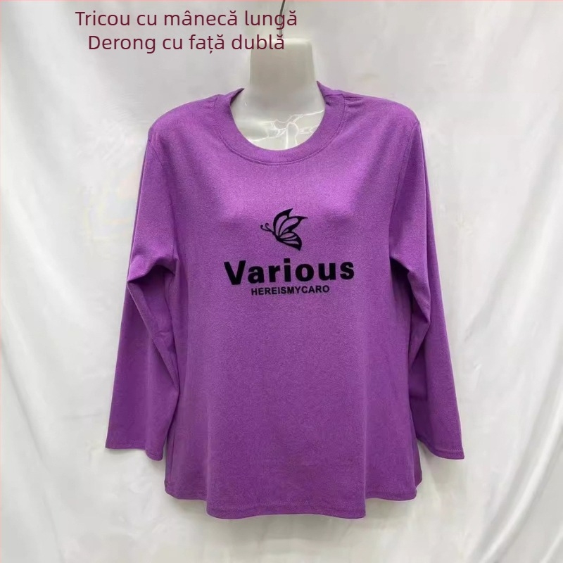 Tricou din catifea cu mâneci lungi, imprimeu cu plante, amestec poliester-elastan, guler rotund.