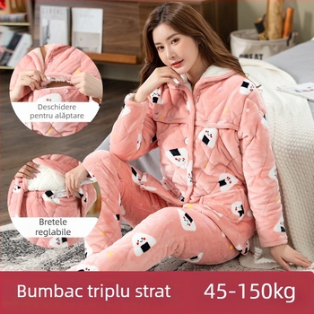 Pijamale pentru gravide și care alăptează — flanel, 100% poliester, ultra groase, mâneci lungi, pantaloni