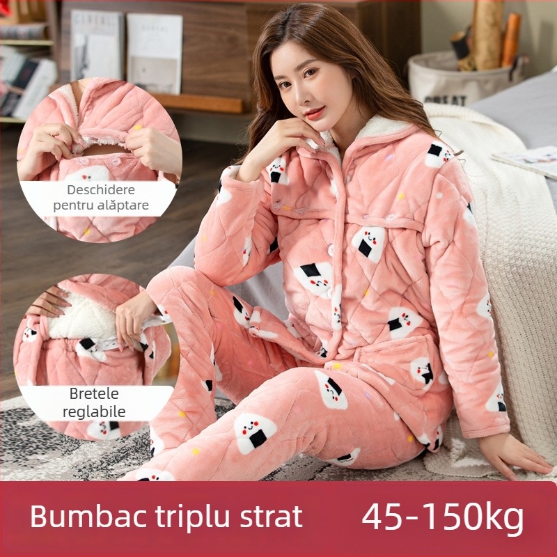 Pijamale pentru gravide și care alăptează — flanel, 100% poliester, ultra groase, mâneci lungi, pantaloni