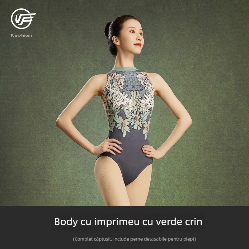 Unitard de antrenament pentru balet cu guler halter imprimat, unisex pentru adulți, material poliester (pentru toate sezoanele; potrivit pentru scenă de balet)