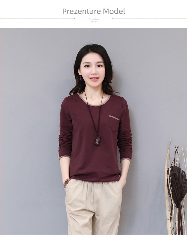 Tricou cu mânecă lungă, croială lejeră, guler rotund, design panouri, toamnă 2022