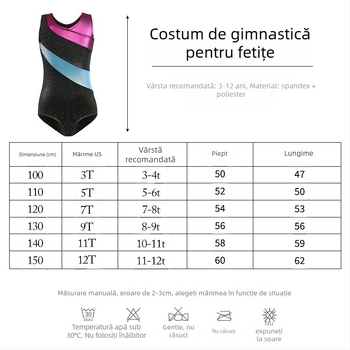 Ținută de dans pentru copii, fete, pentru repetiții; țesătură: amestec de fibre chimice, 90% poliester; nume țesătură: amestec de fibre chimice; potrivită pentru vârsta 3–8 ani.