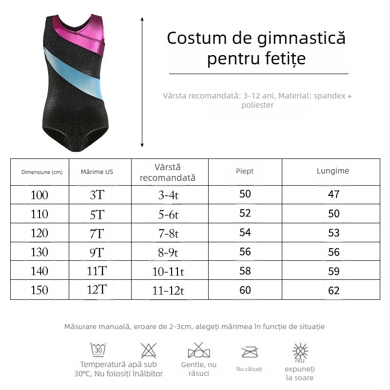 Ținută de dans pentru copii, fete, pentru repetiții; țesătură: amestec de fibre chimice, 90% poliester; nume țesătură: amestec de fibre chimice; potrivită pentru vârsta 3–8 ani.