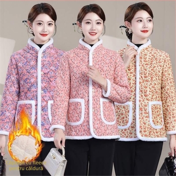 Geacă florală din chenille cu umplutură din bumbac, croială lejeră, mâneci lungi, decolteu în V, închidere cu nasturi, groasă, model 3D, toamnă‑iarnă 2025