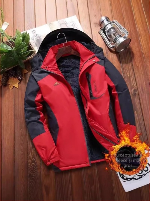 Palton bărbătesc din bumbac, căptușit cu fleece, fermoar frontal, guler înalt, model solid, material poliester