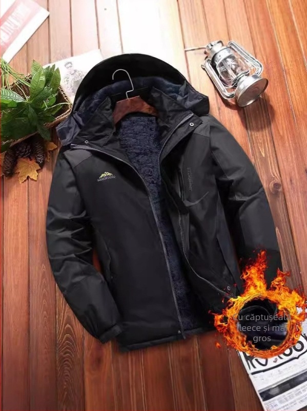 Palton bărbătesc din bumbac, căptușit cu fleece, fermoar frontal, guler înalt, model solid, material poliester