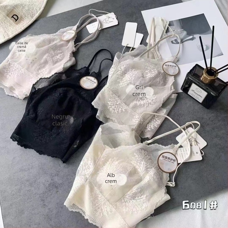Top fără bretele din dantelă cu cupa urechi de iepure, cupe turnate ultra-subțiri, spate franțuzesc, nylon
