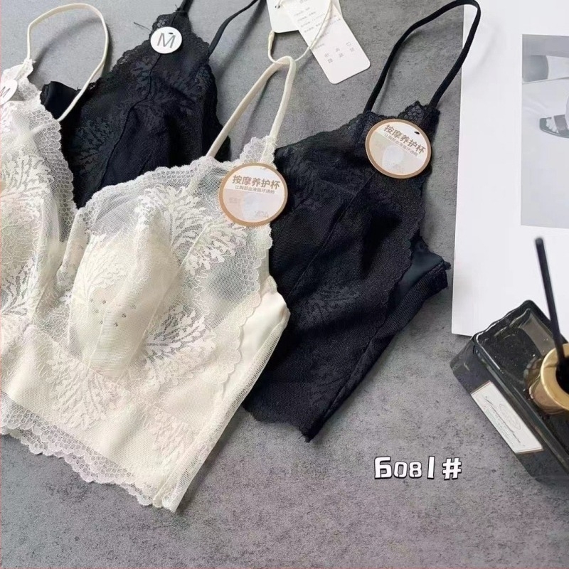 Top fără bretele din dantelă cu cupa urechi de iepure, cupe turnate ultra-subțiri, spate franțuzesc, nylon