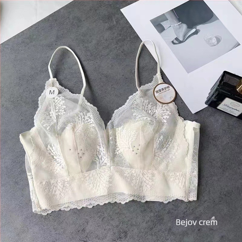 Top fără bretele din dantelă cu cupa urechi de iepure, cupe turnate ultra-subțiri, spate franțuzesc, nylon