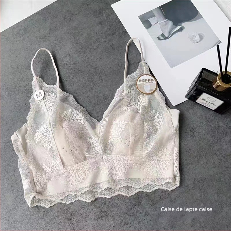 Top fără bretele din dantelă cu cupa urechi de iepure, cupe turnate ultra-subțiri, spate franțuzesc, nylon