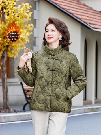 Palton de iarnă pentru femei cu guler înalt, imprimeu floral, căptușeală din fleece, căldură extrem de groasă, umplutură: imitatie de mătase și bumbac