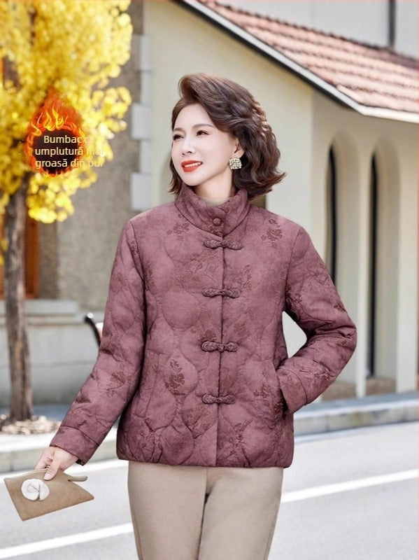 Palton de iarnă pentru femei cu guler înalt, imprimeu floral, căptușeală din fleece, căldură extrem de groasă, umplutură: imitatie de mătase și bumbac