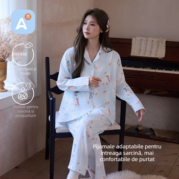Set matern pentru casă, pentru alăptare, în stil cartoon, din bumbac 100%, țesătură dublă de gază din bumbac, guler rever, mâneci lungi, pantaloni, pentru primăvară-vară-toamnă
