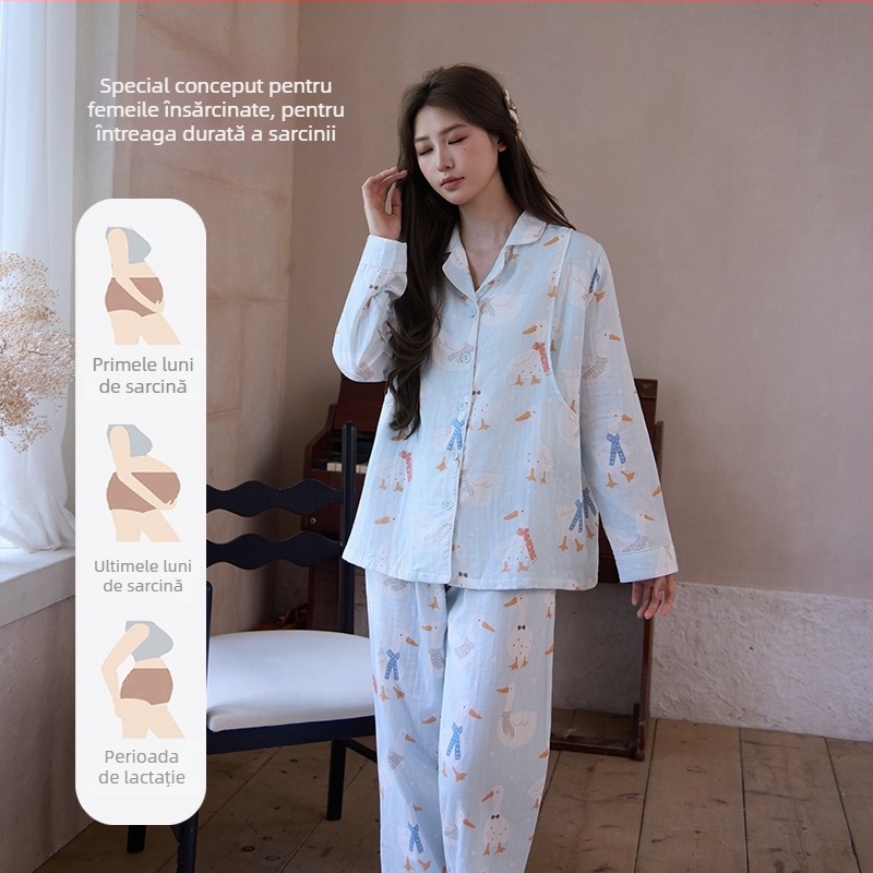 Set matern pentru casă, pentru alăptare, în stil cartoon, din bumbac 100%, țesătură dublă de gază din bumbac, guler rever, mâneci lungi, pantaloni, pentru primăvară-vară-toamnă