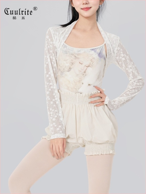 Top de balet pentru antrenament, cu umeri goi și dantelă, material nylon/spandex, pentru toate sezoanele, îmbrăcăminte de dans pentru femei