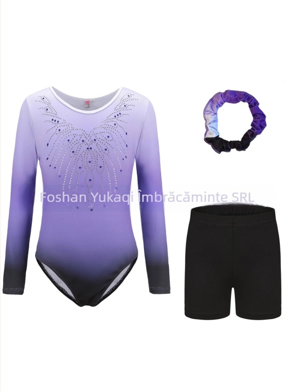 Set elastic de gimnastică pentru copii pentru dans cu diamante, costum de balet pentru fete, floare gradient pe cap, costum pentru examenul de dans chinezesc, costum de dans (90% poliester + 10% elastan; tratament moale; pentru fete; copii 3–8 ani)