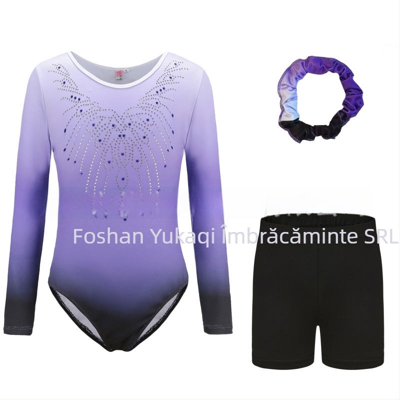 Set elastic de gimnastică pentru copii pentru dans cu diamante, costum de balet pentru fete, floare gradient pe cap, costum pentru examenul de dans chinezesc, costum de dans (90% poliester + 10% elastan; tratament moale; pentru fete; copii 3–8 ani)