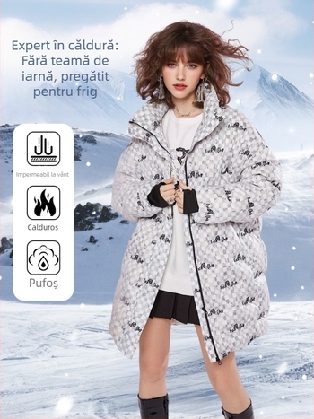 Geacă lungă din organza cu broderie în carouri, umplutură din puf de rață alb, peste 91% puf, croială lejeră