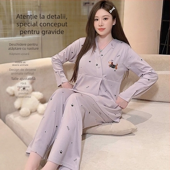 Queen Panda set postpartum pentru acasă, cu inserții pentru alăptare, 100% bumbac, decolteu în V, mâneci lungi, pantaloni, iarnă