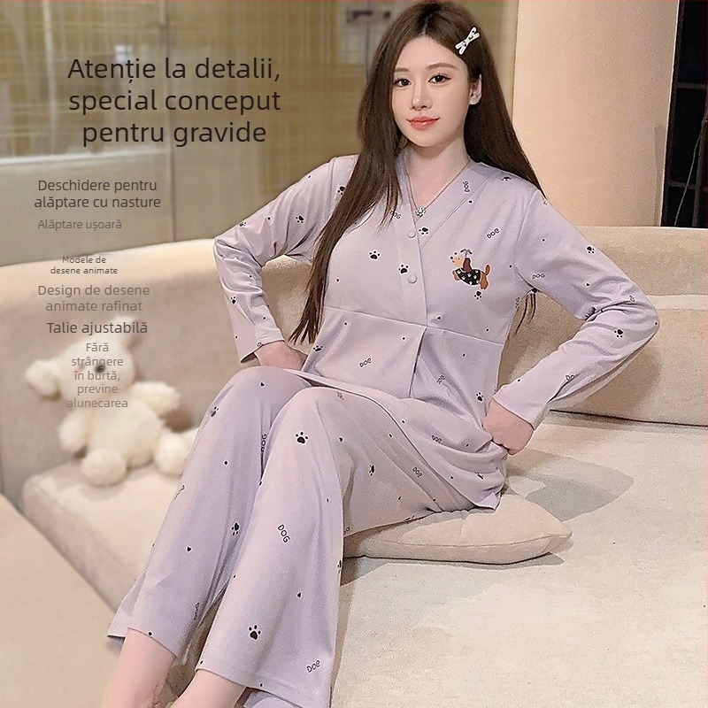 Queen Panda set postpartum pentru acasă, cu inserții pentru alăptare, 100% bumbac, decolteu în V, mâneci lungi, pantaloni, iarnă