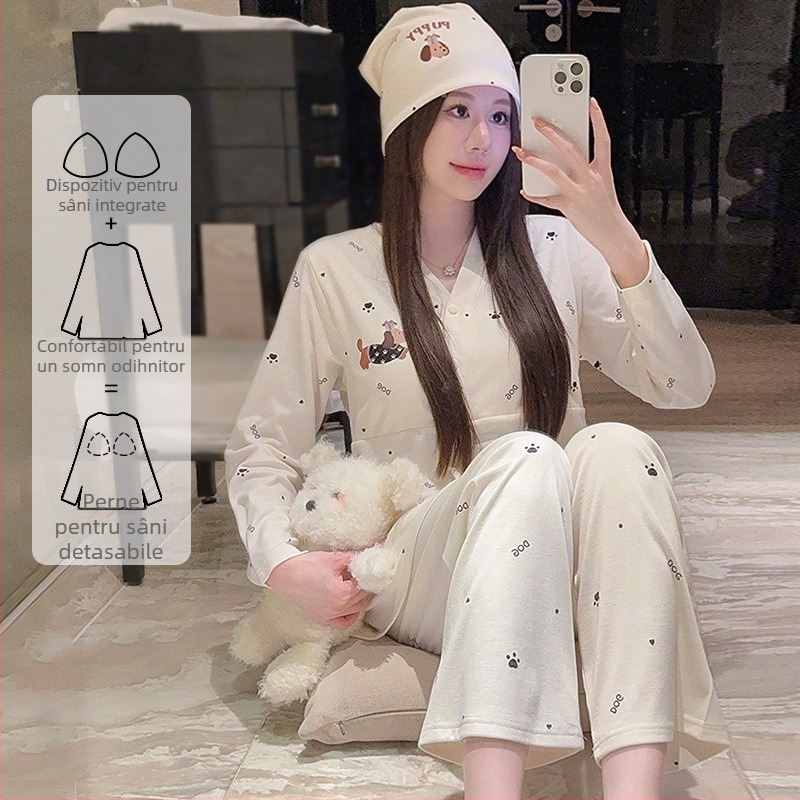 Queen Panda set postpartum pentru acasă, cu inserții pentru alăptare, 100% bumbac, decolteu în V, mâneci lungi, pantaloni, iarnă