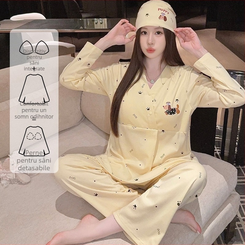 Queen Panda set postpartum pentru acasă, cu inserții pentru alăptare, 100% bumbac, decolteu în V, mâneci lungi, pantaloni, iarnă