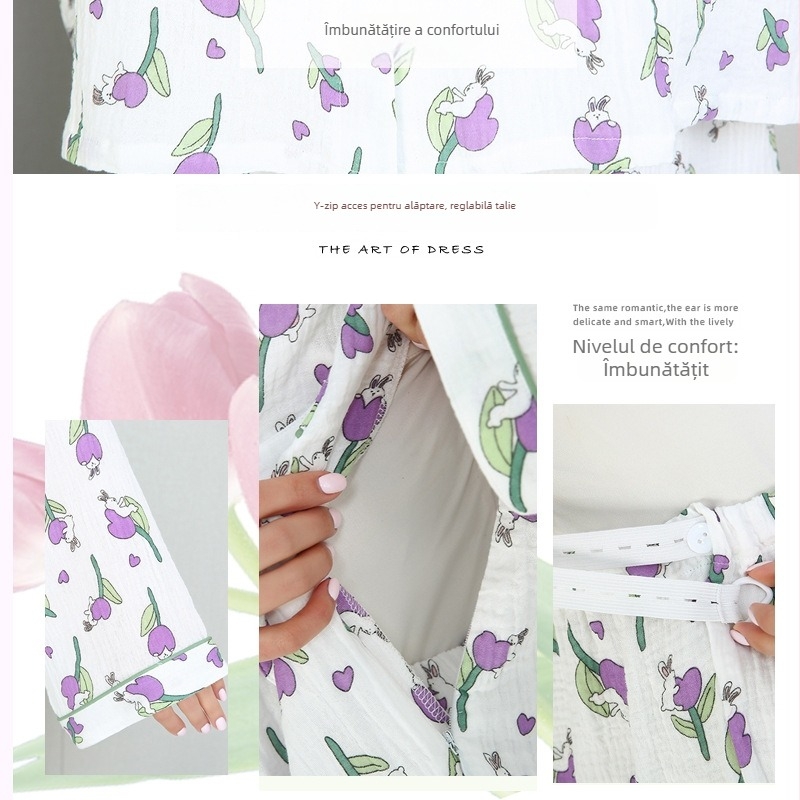 Set de pijamale pentru maternitate, 100% bumbac, top cu mânecă lungă și pantaloni, confort pentru toate anotimpurile