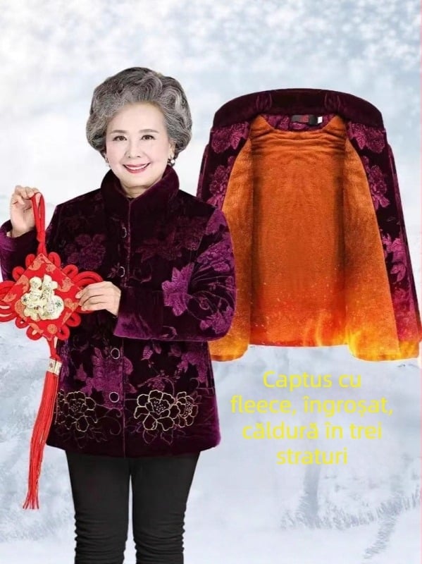 Palton pentru persoane în vârstă – palton gros din poliester, imprimeu floral, umplutură poliester-cotton, guler din blană artificială, guler semiînalt