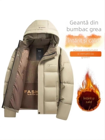 Jachetă căptușită cu bumbac, glugă detașabilă, iarnă groasă, fermoar frontal, buzunare laterale